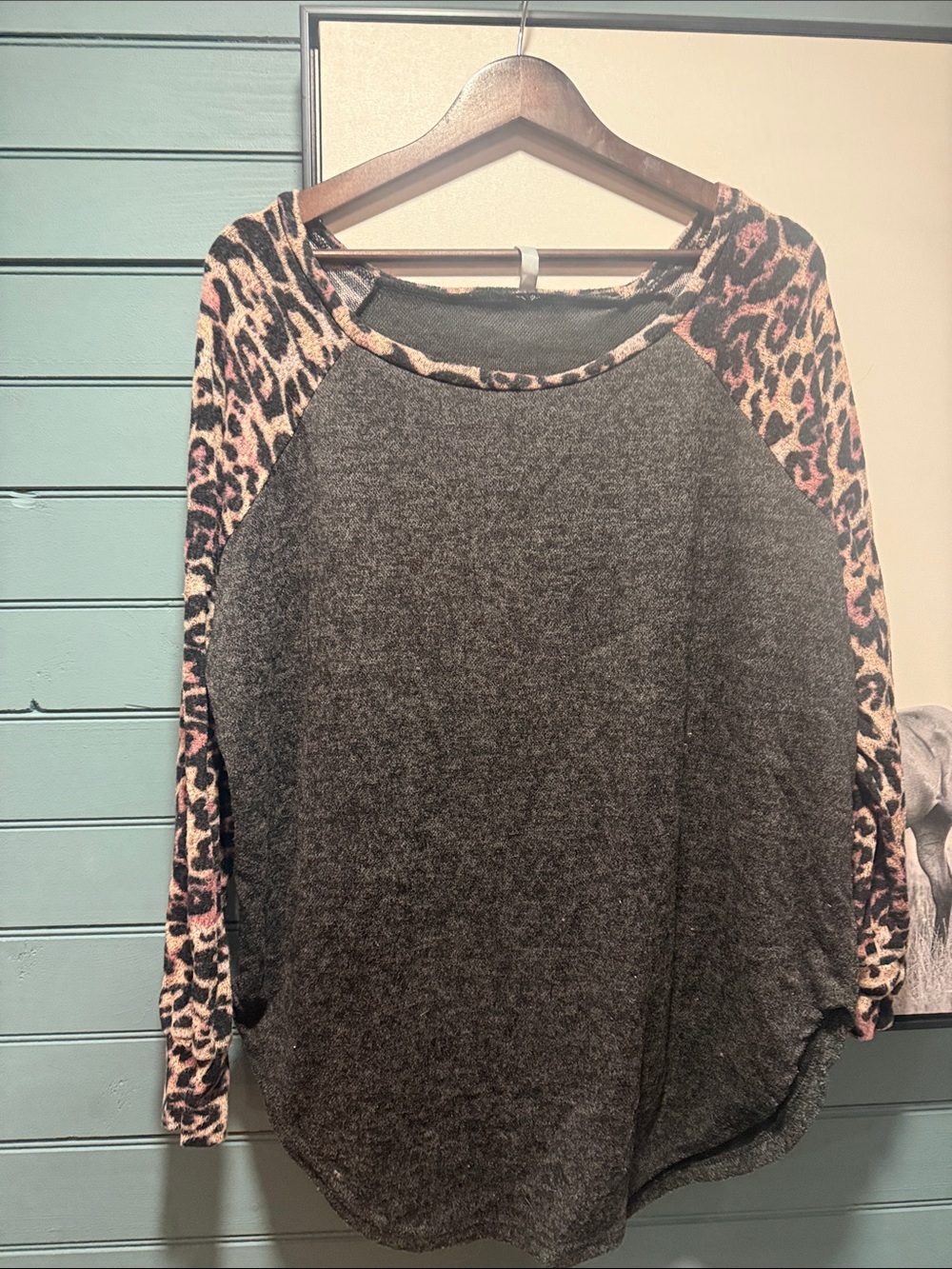 Cozy Charcoal Raglan Top with Pink Leopard Sleeves